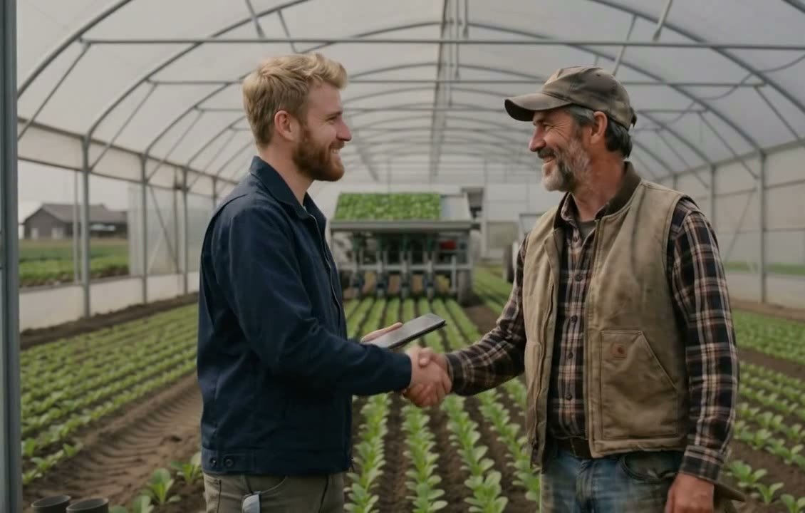 A TerraGrid engineer and a grower shaking hands beside a freshly planted greenhouse block.
