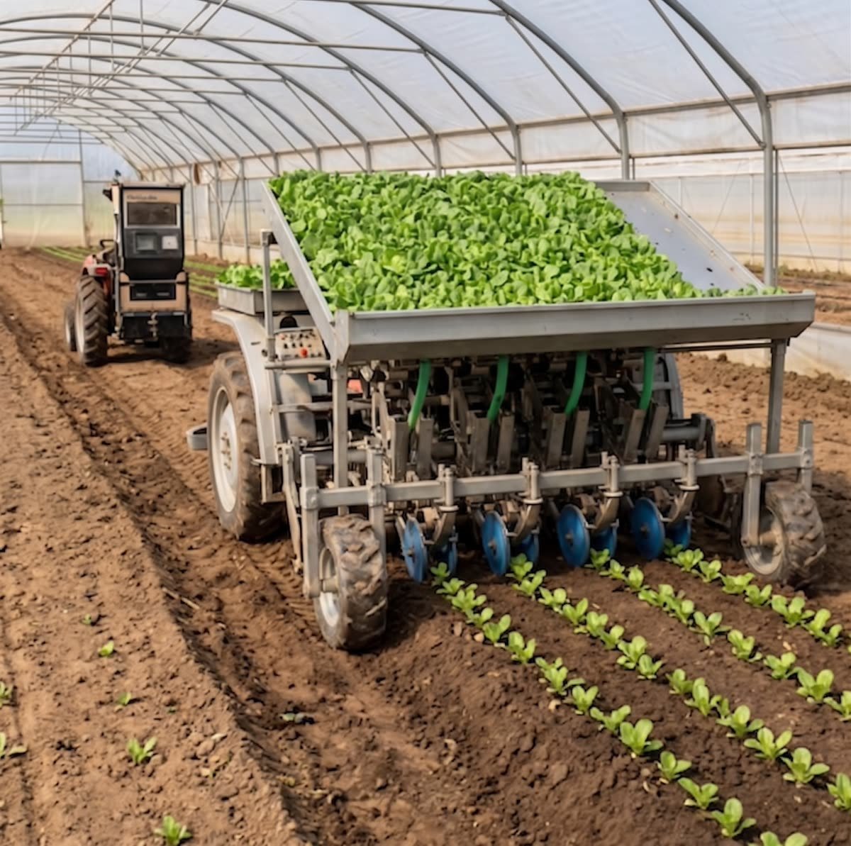 A TerraGrid transplanter working inside a polytunnel, laying seedlings into prepared soil rows.